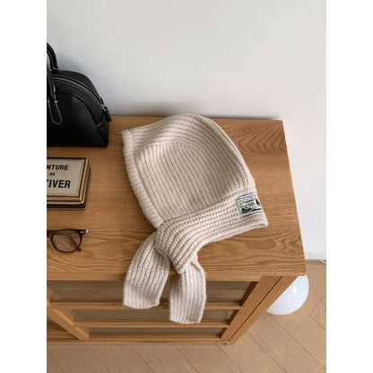 Plain Applique Lace-Up Ribbed Knit Balaclava