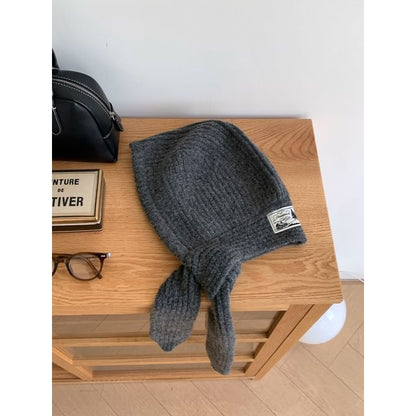 Plain Applique Lace-Up Ribbed Knit Balaclava