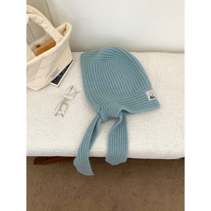 Plain Applique Lace-Up Ribbed Knit Balaclava