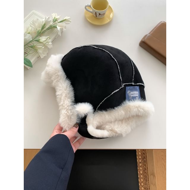 Plain Applique Fluffy Trim Trapper Hat