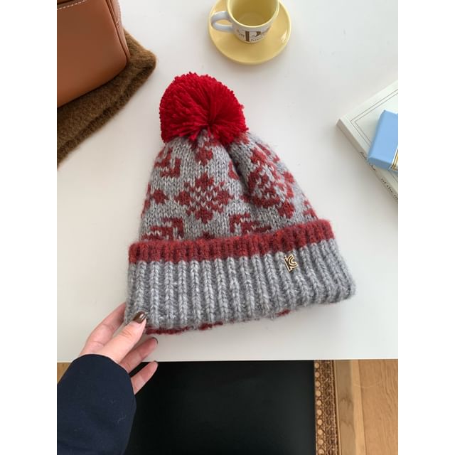 Patterned Pom Pom Beanie