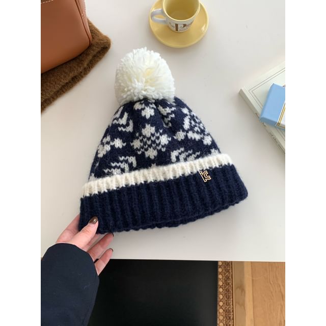 Patterned Pom Pom Beanie