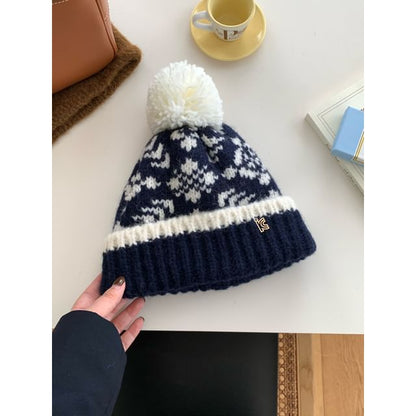Patterned Pom Pom Beanie