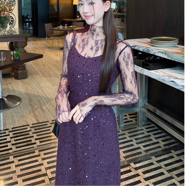 Mock Neck Lace Top with Spaghetti Strap Sequin Slit A-Line Dress