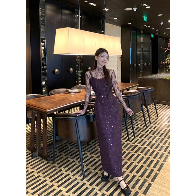 Mock Neck Lace Top with Spaghetti Strap Sequin Slit A-Line Dress