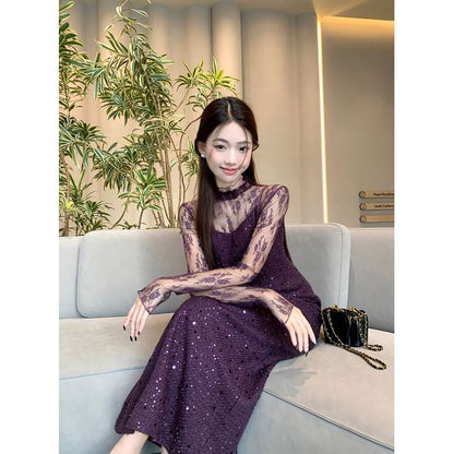 Mock Neck Lace Top with Spaghetti Strap Sequin Slit A-Line Dress