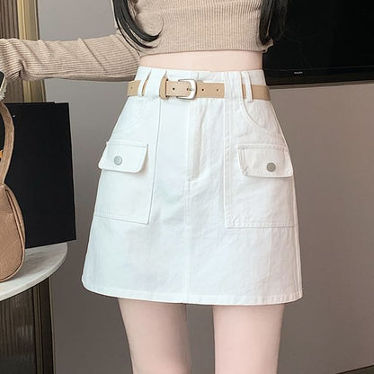 High Rise Plain Mini A-Line Cargo Skirt