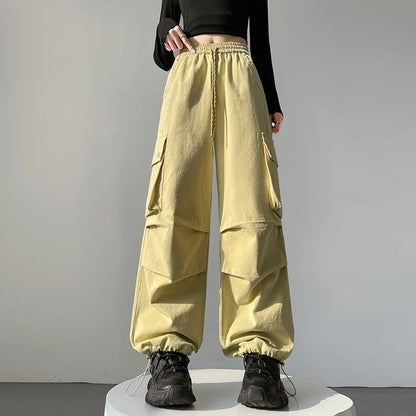 Drawstring Waist Plain Baggy Cargo Pants