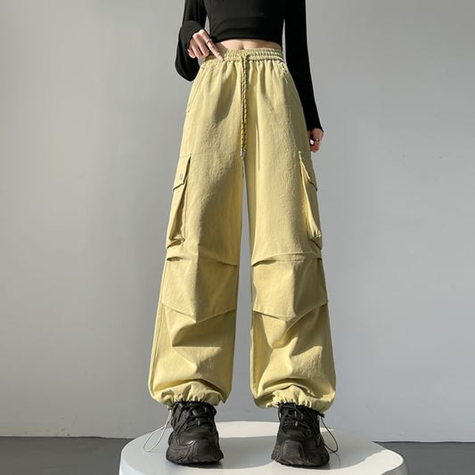 Drawstring Waist Plain Baggy Cargo Pants