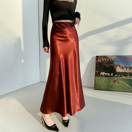 High Waist Plain Satin Midi A-Line Skirt