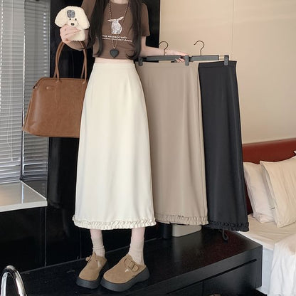 High Rise Plain Slit Ruffle Trim Midi A-Line Skirt