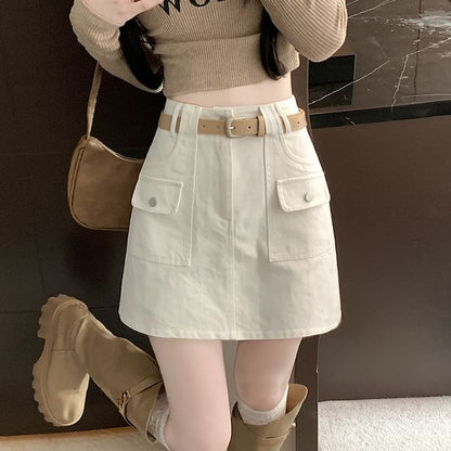 High Rise Plain Mini A-Line Cargo Skirt