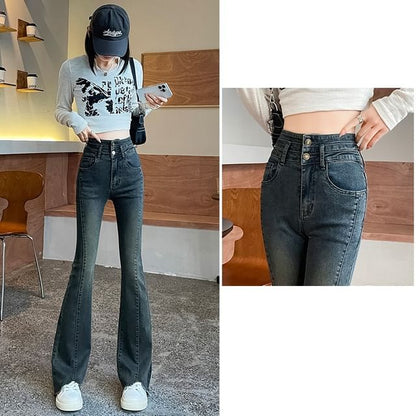 High Waist Fringed Washed Bootcut Jeans (Various Designs)