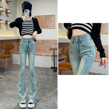 High Waist Fringed Washed Bootcut Jeans (Various Designs)
