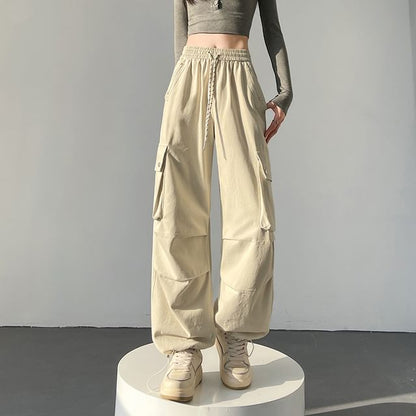 Drawstring Waist Plain Baggy Cargo Pants