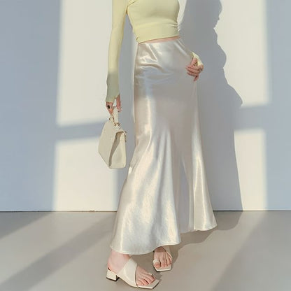 High Waist Plain Satin Midi A-Line Skirt