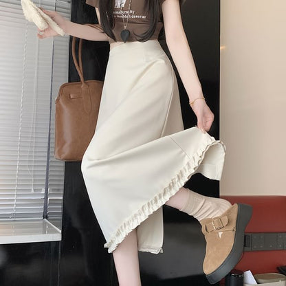 High Rise Plain Slit Ruffle Trim Midi A-Line Skirt