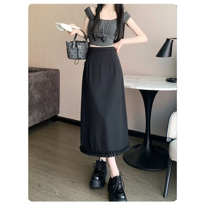 High Rise Plain Slit Ruffle Trim Midi A-Line Skirt