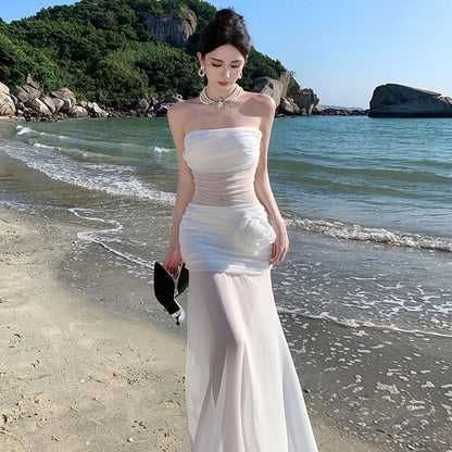 Off-Shoulder Net Full-Length Flared Dress