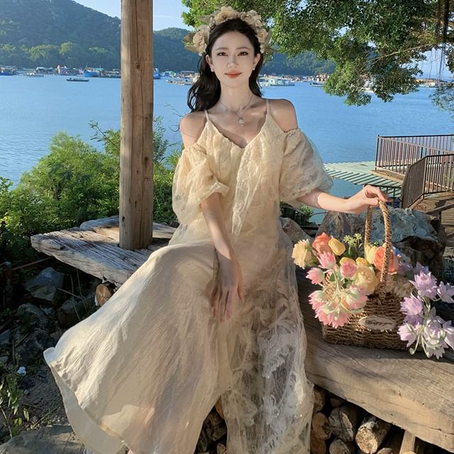 Three-Quarter Sleeve Cutout V-Neck Flared Maxi Gown