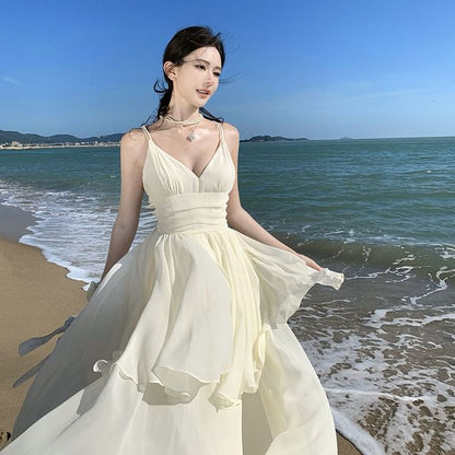 Thin Strap V-Neck Solid Flowing Maxi Dress