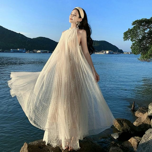 Sleeveless Mesh Full-Length A-Line Gown