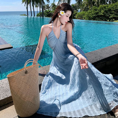 Halter Neckline Striped Floor-Length A-Line Gown