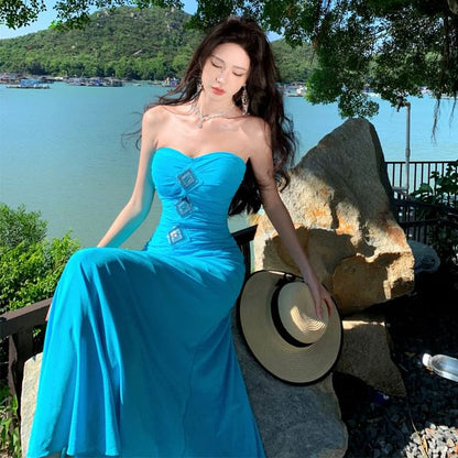 Strapless Solid Floor-Length Flared Dress