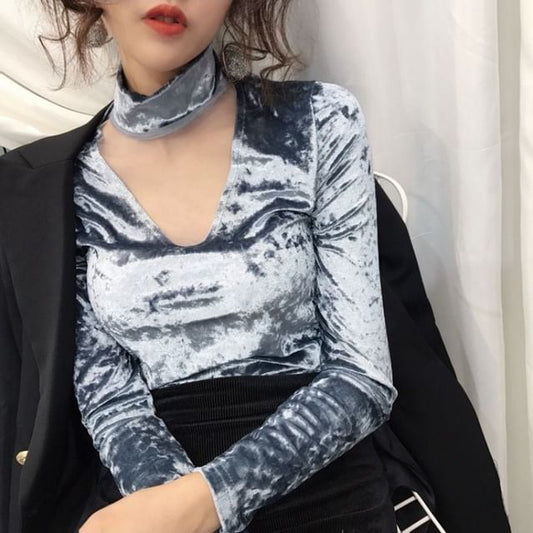 Long-Sleeve Mock Neck Mesh Panel Velvet Top