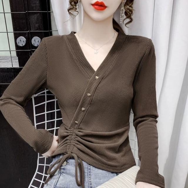 Long-Sleeve V-Neck Asymmetrical Plain Crop Top