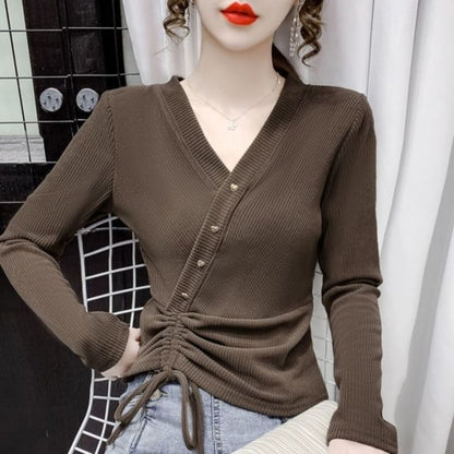 Long-Sleeve V-Neck Asymmetrical Plain Crop Top