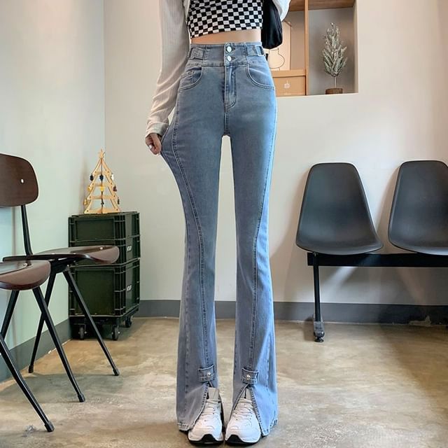 High Waist Slit Hem Flared Jeans