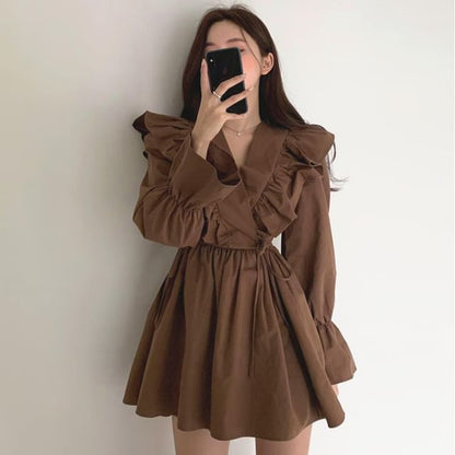Long-Sleeve V-Neck Collared Plain Mini A-Line Dress