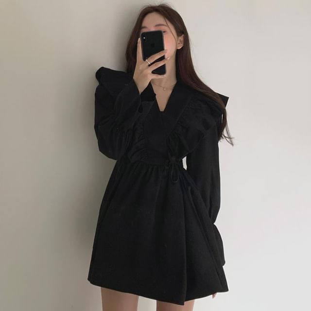 Long-Sleeve V-Neck Collared Plain Mini A-Line Dress