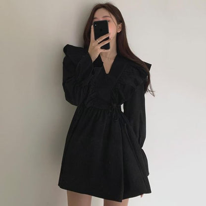 Long-Sleeve V-Neck Collared Plain Mini A-Line Dress