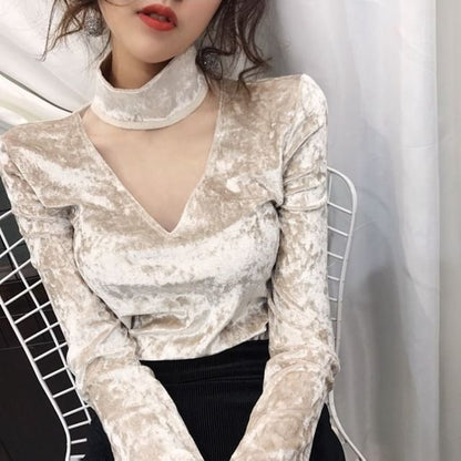 Long-Sleeve Mock Neck Mesh Panel Velvet Top