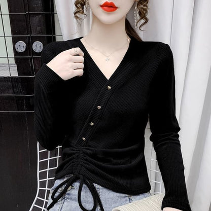 Long-Sleeve V-Neck Asymmetrical Plain Crop Top