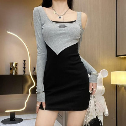Mock Two-Piece Long-Sleeve Scoop Neck Cutout Two Tone Mini Bodycon Dress