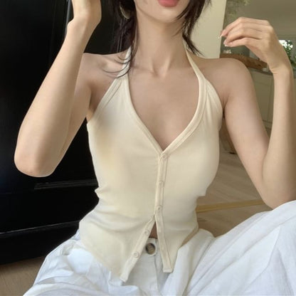 V-Neck Plain Button-Up Halter Top