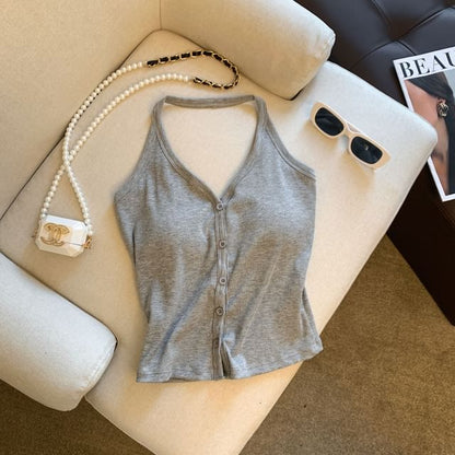 V-Neck Plain Button-Up Halter Top