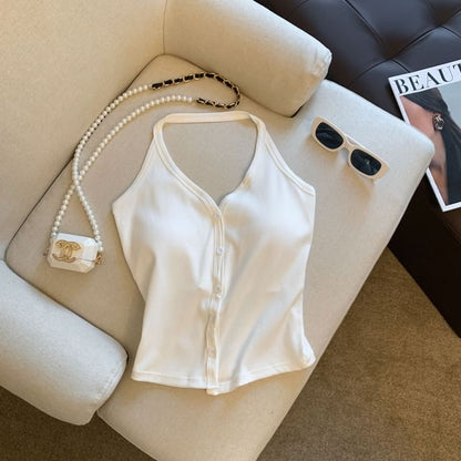 V-Neck Plain Button-Up Halter Top