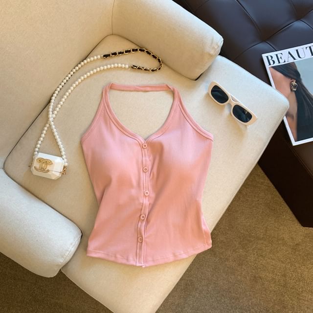 V-Neck Plain Button-Up Halter Top