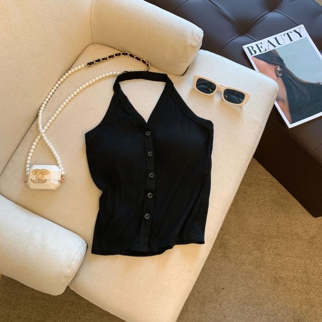 V-Neck Plain Button-Up Halter Top