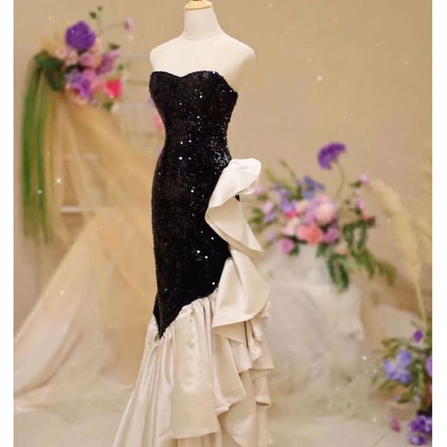 Strapless Two Tone Ruffle Asymmetrical Mermaid Evening Gown