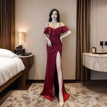 Cold-Shoulder Plain Side-Slit Mermaid Evening Dress