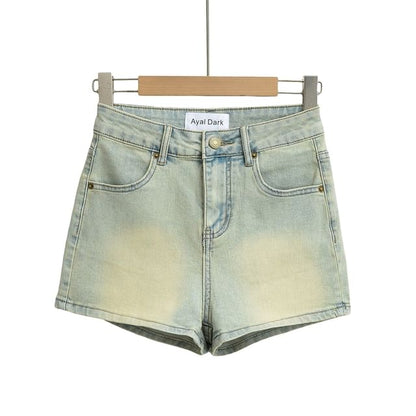 High Waist Washed Denim Hot Pants