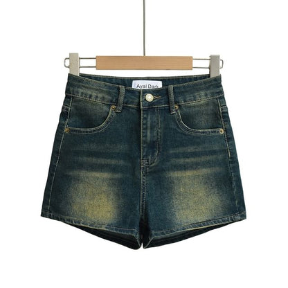High Waist Washed Denim Hot Pants