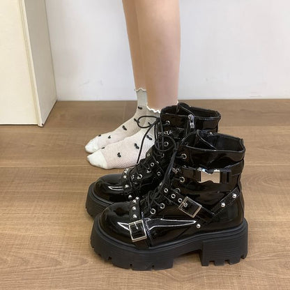 Platform Buckled Studded Patent Leather Lace Up Boots