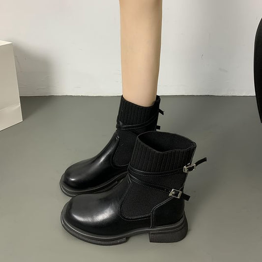 Platform Buckled Panel Knit Short Boots