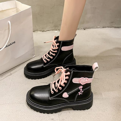 Platform Buckled Panel Lace Up Short Boots